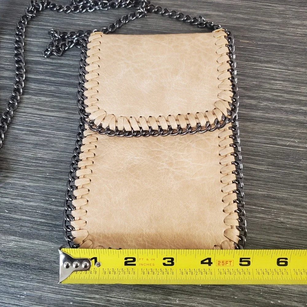 Vegan Leather Crossbody Bag With Chain Shoulder Straps, Exposed Stitches, Lined